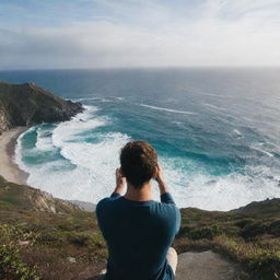 A scenic ocean view with a person in the foreground, capturing the breathtaking scene with their camera.