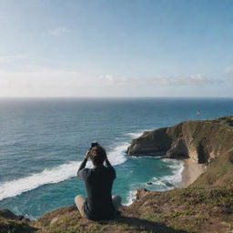 A scenic ocean view with a person in the foreground, capturing the breathtaking scene with their camera.