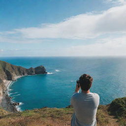 A scenic ocean view with a person in the foreground, capturing the breathtaking scene with their camera.