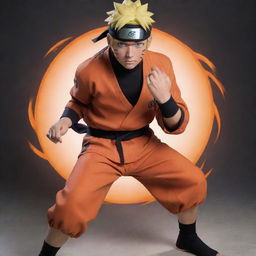 Naruto Uzumaki, the spirited shinobi from the Hidden Leaf Village, in his iconic orange and black outfit, performing a Rasengan, famed energy sphere in his hand