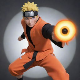 Naruto Uzumaki, the spirited shinobi from the Hidden Leaf Village, in his iconic orange and black outfit, performing a Rasengan, famed energy sphere in his hand