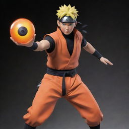 Naruto Uzumaki, the spirited shinobi from the Hidden Leaf Village, in his iconic orange and black outfit, performing a Rasengan, famed energy sphere in his hand