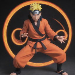 Naruto Uzumaki, the spirited shinobi from the Hidden Leaf Village, in his iconic orange and black outfit, performing a Rasengan, famed energy sphere in his hand