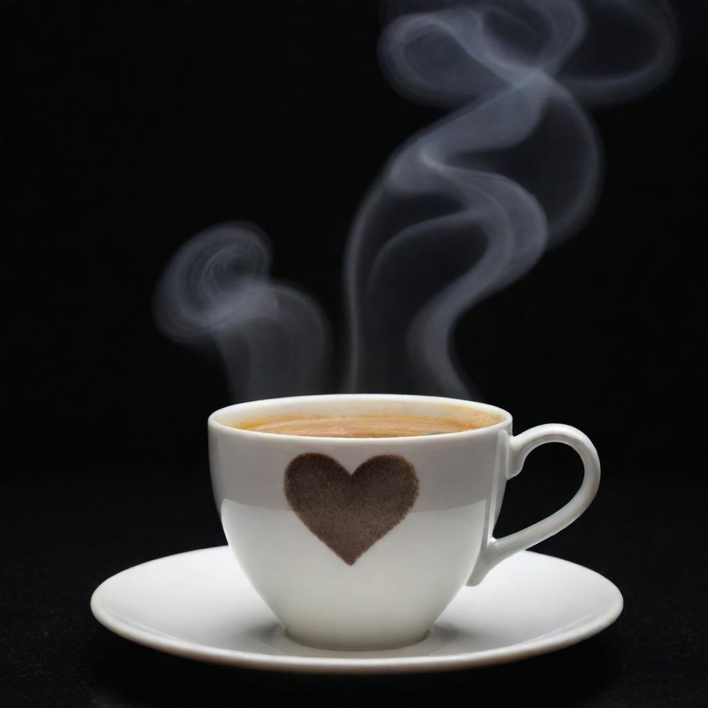 A melancholic heart-shaped motif in the steam arising from a cup of coffee, under the dark starlit night.