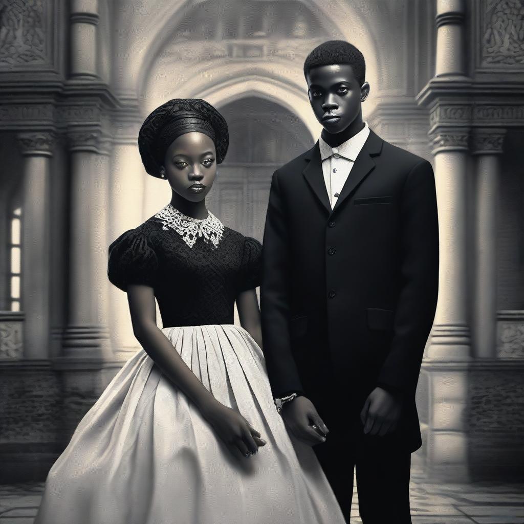 A highly detailed, realistic digital art piece with a cinematic touch, portraying the first gothic interracial couple from 1962