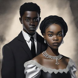 A highly detailed, realistic digital art piece with a cinematic touch, portraying the first gothic interracial couple from 1962