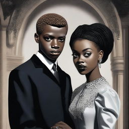 A highly detailed, realistic digital art piece with a cinematic touch, portraying the first gothic interracial couple from 1962