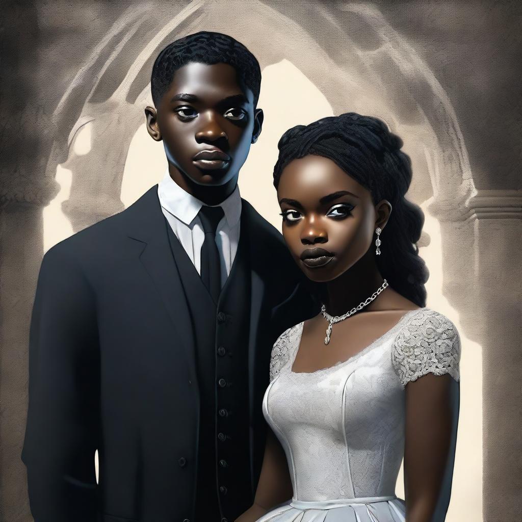 A highly detailed, realistic digital art piece with a cinematic touch, portraying the first gothic interracial couple from 1962