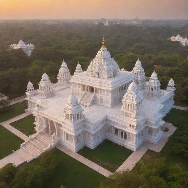 Ram Mandir, an intricate Hindu temple made of dazzling white marble with traditional Indian architecture, gilded domes, surrounded by a serene, lush, green landscape during sunset.