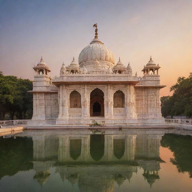 Ram Mandir, an intricate Hindu temple made of dazzling white marble with traditional Indian architecture, gilded domes, surrounded by a serene, lush, green landscape during sunset.