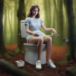 A captivating movie poster featuring a high school girl in the woods, who stumbles upon a cursed toilet chair with arms and straps, complete with a toilet paper holder nearby