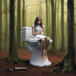 A captivating movie poster featuring a high school girl in the woods, who stumbles upon a cursed toilet chair with arms and straps, complete with a toilet paper holder nearby