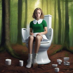 A captivating movie poster featuring a high school girl in the woods, who stumbles upon a cursed toilet chair with arms and straps, complete with a toilet paper holder nearby