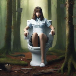 A captivating movie poster featuring a high school girl in the woods, who stumbles upon a cursed toilet chair with arms and straps, complete with a toilet paper holder nearby