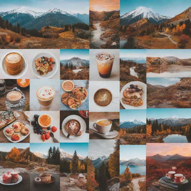 A collage of picturesque photos suitable for an Instagram cover, including vibrant landscapes, aesthetic coffee cups, trendy fashion items, and appetizing food shots.