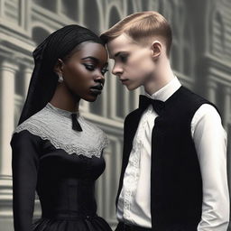 A highly detailed, realistic digital art piece with a cinematic touch, portraying the first gothic interracial couple from 1962