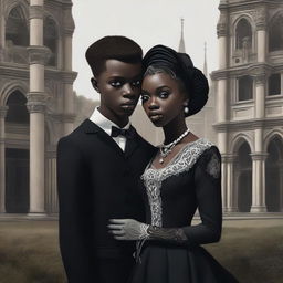 A highly detailed, realistic digital art piece with a cinematic touch, portraying the first gothic interracial couple from 1962