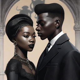 A highly detailed, realistic digital art piece with a cinematic touch, portraying the first gothic interracial couple from 1962