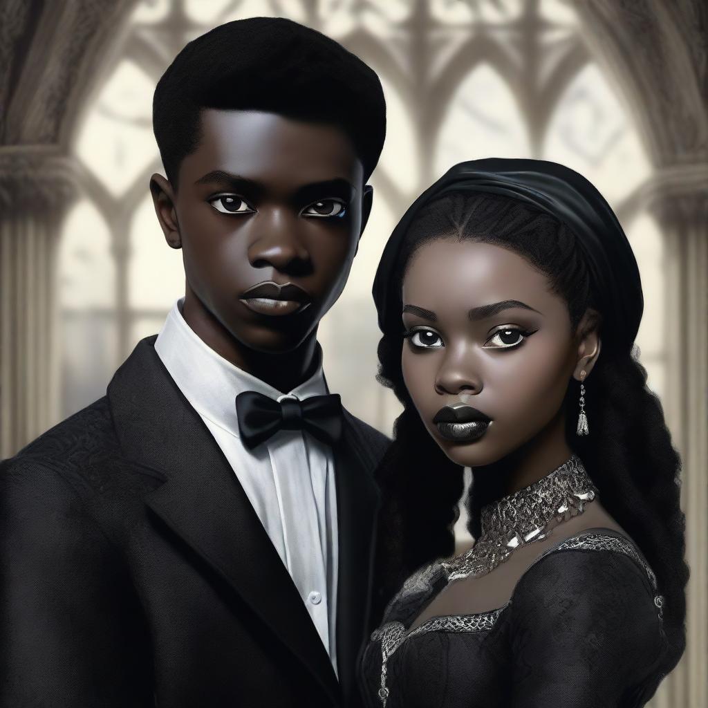 A highly detailed, realistic digital art piece with a cinematic touch, portraying the first gothic interracial couple from 1962