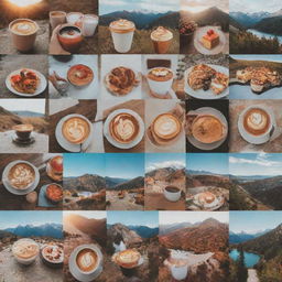 A collage of picturesque photos suitable for an Instagram cover, including vibrant landscapes, aesthetic coffee cups, trendy fashion items, and appetizing food shots.