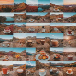 A collage of picturesque photos suitable for an Instagram cover, including vibrant landscapes, aesthetic coffee cups, trendy fashion items, and appetizing food shots.