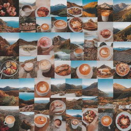 A collage of picturesque photos suitable for an Instagram cover, including vibrant landscapes, aesthetic coffee cups, trendy fashion items, and appetizing food shots.