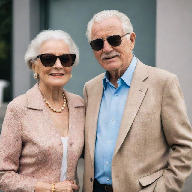 A stylish elderly couple wearing fashionable outfits and sunglasses, looking confident and cool.