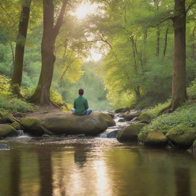 A warm, comforting image portraying mental health well-being. It features a tranquil nature scene with vibrant green trees, a sparkling stream, and an individual meditating peacefully.