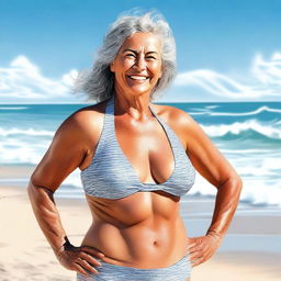 This is a high-quality digital art image featuring a mature woman in a tasteful swimsuit