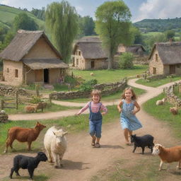 Happy and joyful children playing in a rustic village setting, surrounded by nature, traditional houses and farm animals.