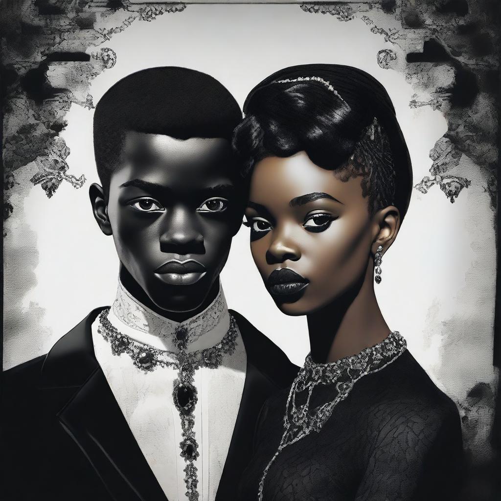 An evocative digital art piece, combining realism and cinematic elements, featuring a gothic interracial couple from 1962