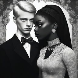 An evocative digital art piece, combining realism and cinematic elements, featuring a gothic interracial couple from 1962