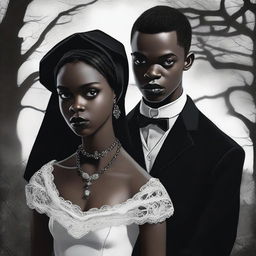 An evocative digital art piece, combining realism and cinematic elements, featuring a gothic interracial couple from 1962