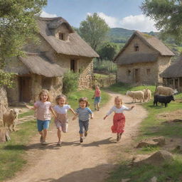 Happy and joyful children playing in a rustic village setting, surrounded by nature, traditional houses and farm animals.