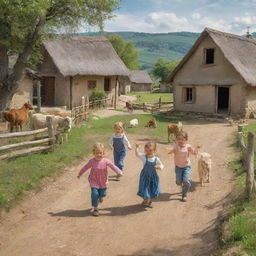 Happy and joyful children playing in a rustic village setting, surrounded by nature, traditional houses and farm animals.