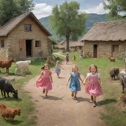 Happy and joyful children playing in a rustic village setting, surrounded by nature, traditional houses and farm animals.