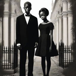 A vivid, high-quality digital art piece, blending realism with cinematic flair, depicts a gothic interracial couple from 1962