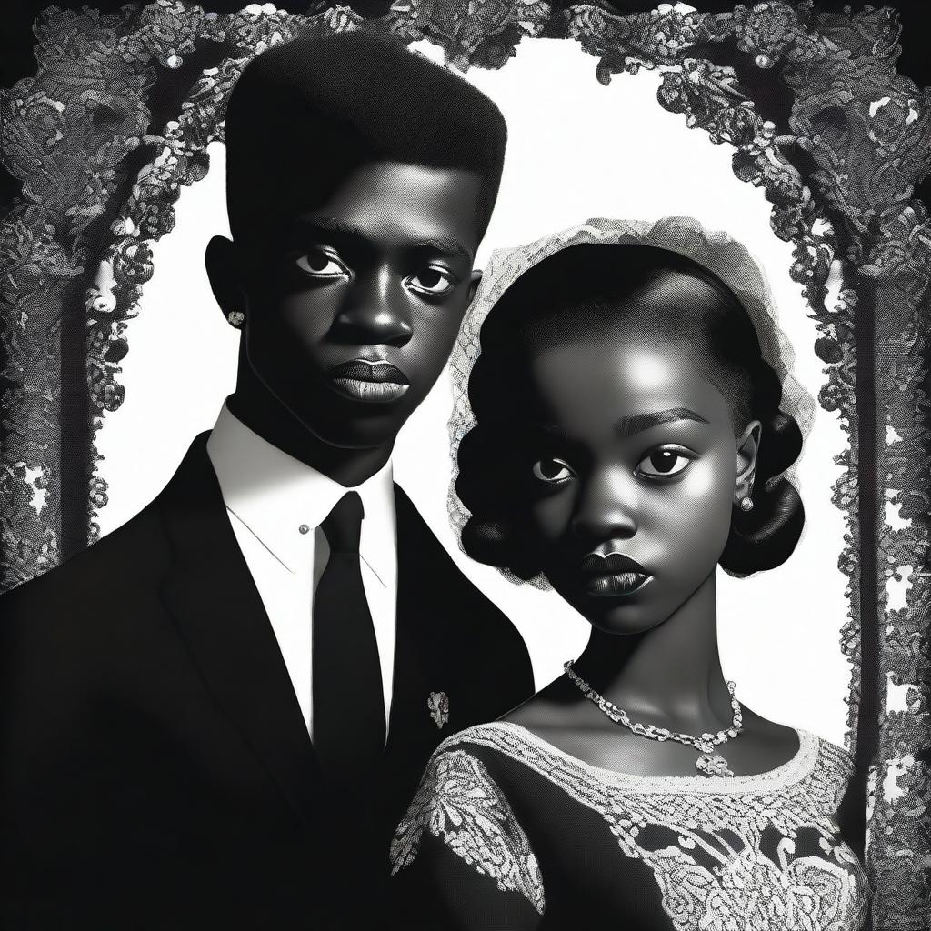 A vivid, high-quality digital art piece, blending realism with cinematic flair, depicts a gothic interracial couple from 1962