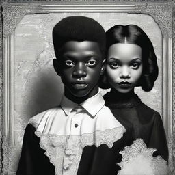 A vivid, high-quality digital art piece, blending realism with cinematic flair, depicts a gothic interracial couple from 1962