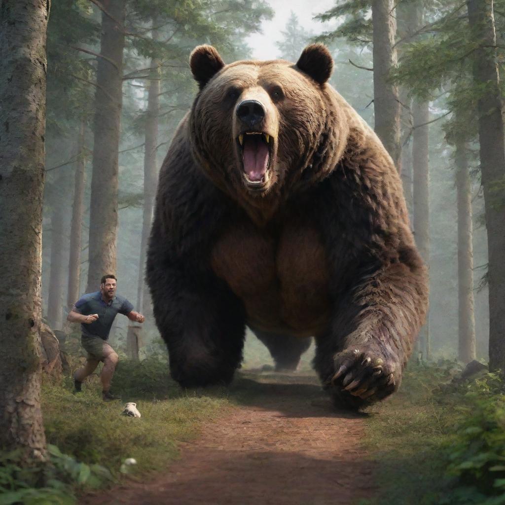 A 3D portrait of a large man camping in a forest being chased by a gigantic bear, with the man on the run while eating.