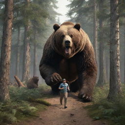 A 3D portrait of a large man camping in a forest being chased by a gigantic bear, with the man on the run while eating.
