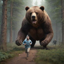 A 3D portrait of a large man camping in a forest being chased by a gigantic bear, with the man on the run while eating.