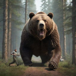 A 3D portrait of a large man camping in a forest being chased by a gigantic bear, with the man on the run while eating.