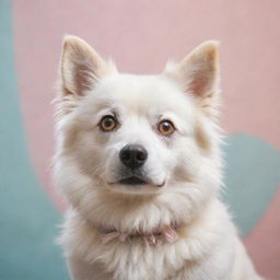 A Studio Ghibli style dog with expressive eyes and light fur, detailed in soft pastel colors against a whimsical backdrop