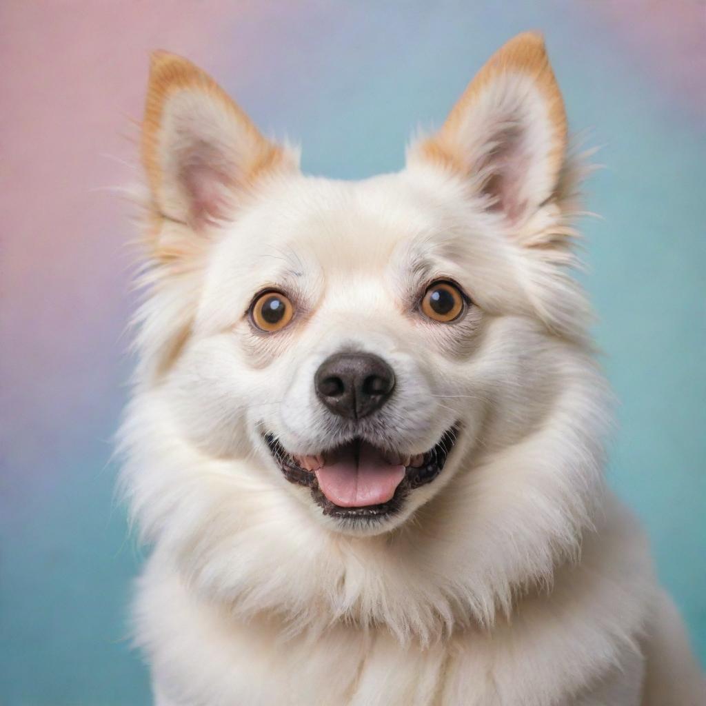 A Studio Ghibli style dog with expressive eyes and light fur, detailed in soft pastel colors against a whimsical backdrop