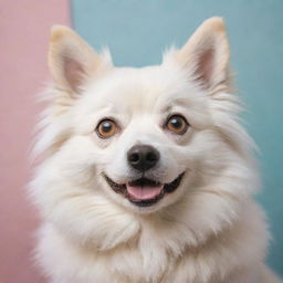 A Studio Ghibli style dog with expressive eyes and light fur, detailed in soft pastel colors against a whimsical backdrop