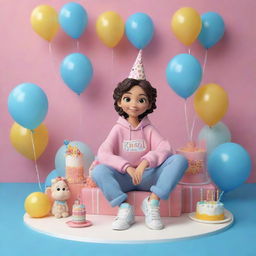 3D illustration of an animated character in modern casual attire, including oversized clothing and sneakers, sitting casually in front of a birthday cake set against a party-themed background. The cake is decorated with the name 'Kinjal'.