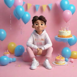 3D illustration of an animated character in modern casual attire, including oversized clothing and sneakers, sitting casually in front of a birthday cake set against a party-themed background. The cake is decorated with the name 'Kinjal'.