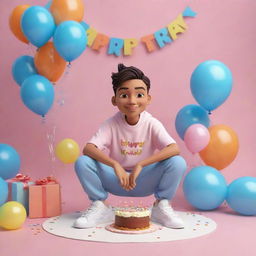 3D illustration of an animated character in modern casual attire, including oversized clothing and sneakers, sitting casually in front of a birthday cake set against a party-themed background. The cake is decorated with the name 'Kinjal'.