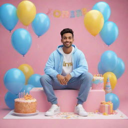 3D illustration of an animated character in modern casual attire, including oversized clothing and sneakers, sitting casually in front of a birthday cake set against a party-themed background. The cake is decorated with the name 'Kinjal'.